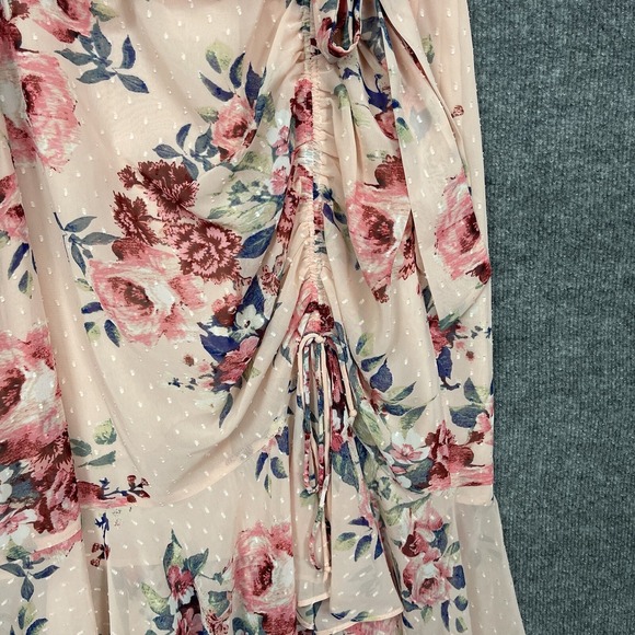 Eliza J Dress Women 18 Fits 14/16 Pink Floral Ruched Chiffon Faux Wrap Swiss Dot - Picture 9 of 15